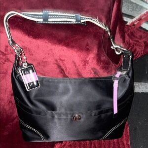 Coach Hampton Satin Hobo Black Should bag w/ Purple Accent 13”W x 8.5”H